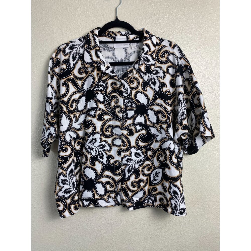 Susan Graver Pure Womens Linen Blend Floral Short Sleeve Button Up Top Sz Medium